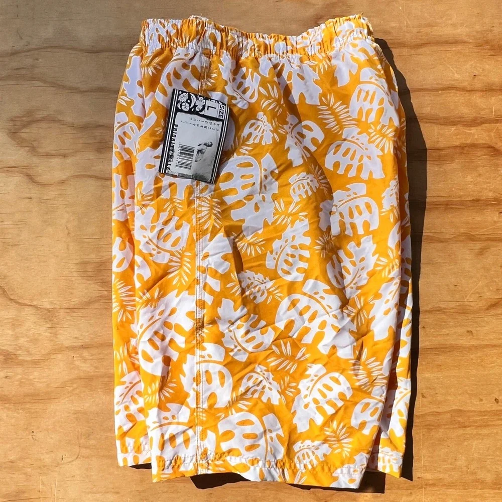 Priority Male Hawaiian Authentic Swim Trunks Orange White Tropical Floral Large